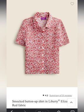 J Crew - Smocked button-up shirt blouse in Liberty Eliza's Red fabric medium
